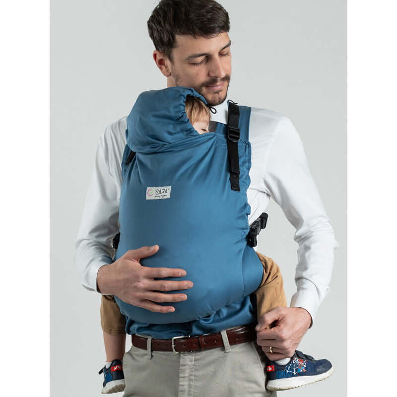 Father wearing Isara Preschooler (up to 30kg) - Bluestone baby carrier with toddler, showcasing comfort and style | Babymaxi