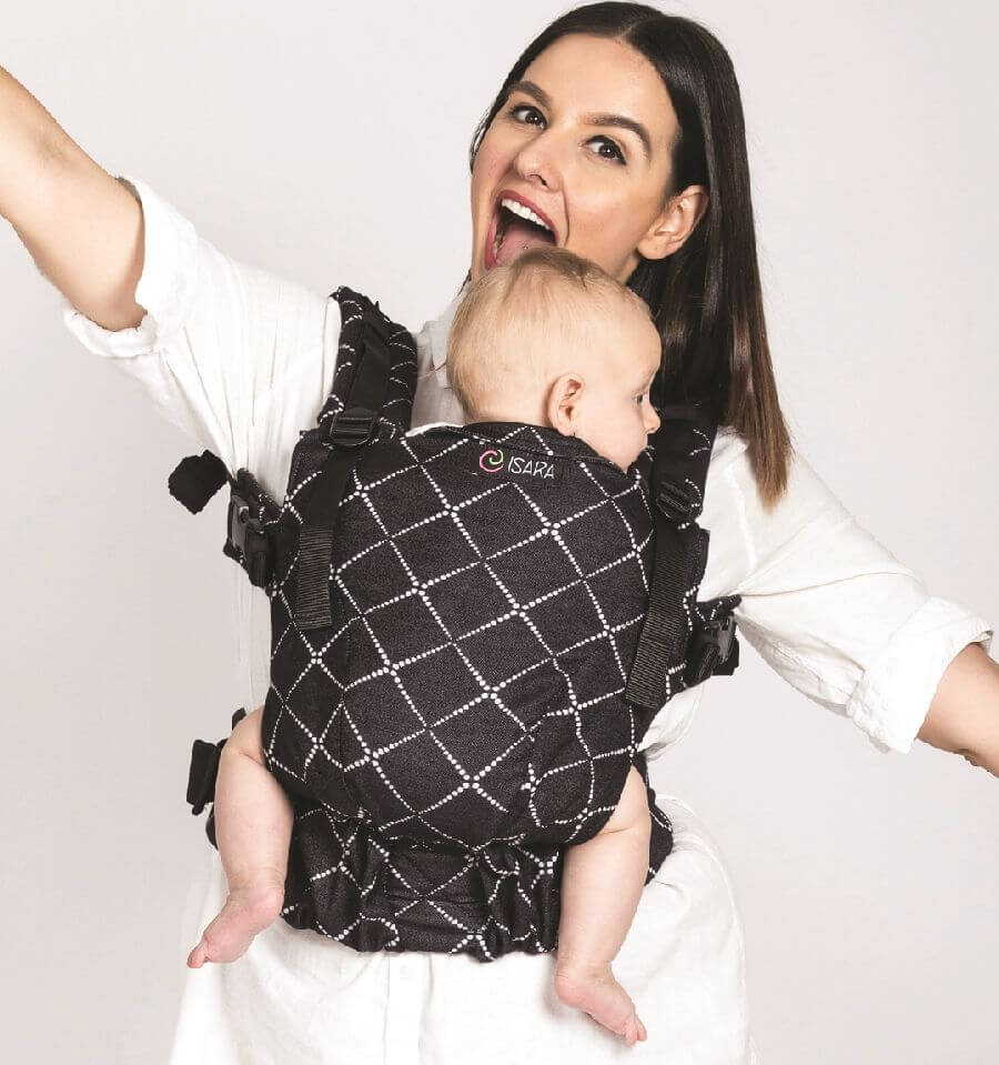 Isara The One - Diamonda Black baby carrier in use, supporting an infant comfortably while providing a stylish design | Babymaxi