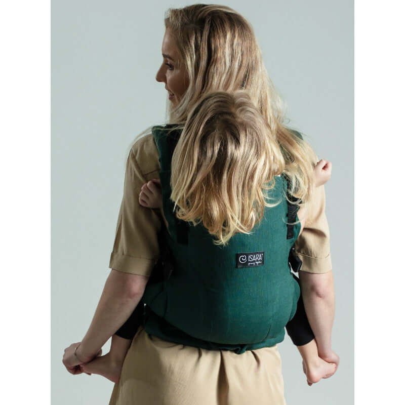 Isara The One - Evergreen Linen baby carrier showcasing a parent comfortably carrying a child on their back | Babymaxi