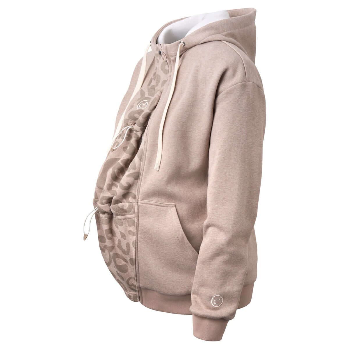 Mamalila Babywearing Hoodie London - Sand in beige with leopard print detail, 4-in-1 design for comfort and flexibility | Babymaxi