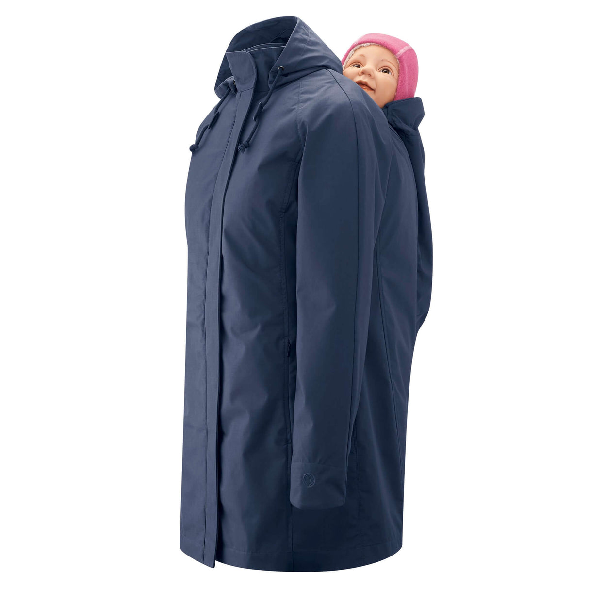 Mamalila Berlin All Season Babywearing Coat – Navy shown with baby carrier | Babymaxi