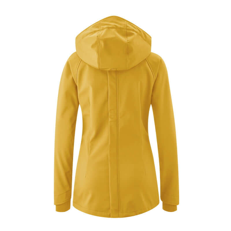 Mamalila Softshell Babywearing Jacket Allrounder - Mustard back view with hood for versatile outerwear | Babymaxi