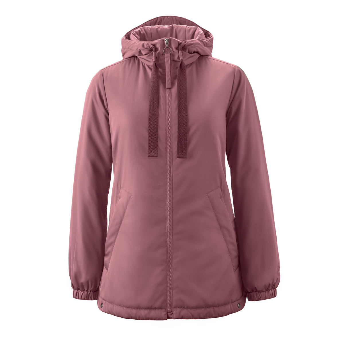 Mamalila Boston Babywearing Jacket Dark Rose, front view for solo wear with hood
