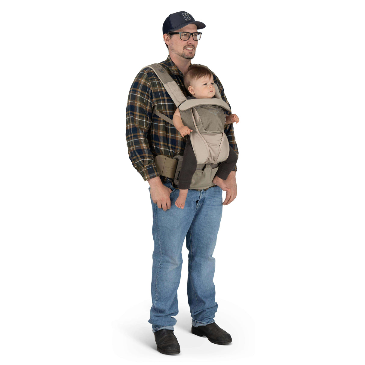 Osprey Poco Soft Child Carrier LT - Tan Concrete displayed on a parent with child, showcasing comfort and ergonomic design | Babymaxi