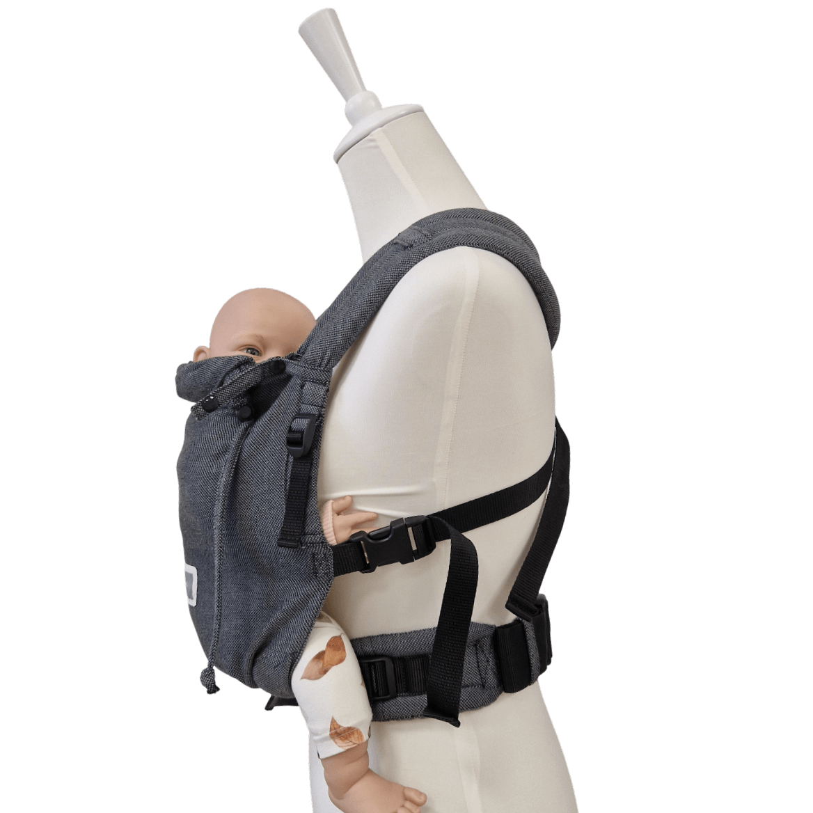 Stochenwiege Valeno Baby Carrier - Graphite with baby model on mannequin showcasing ergonomic design | Babymaxi
