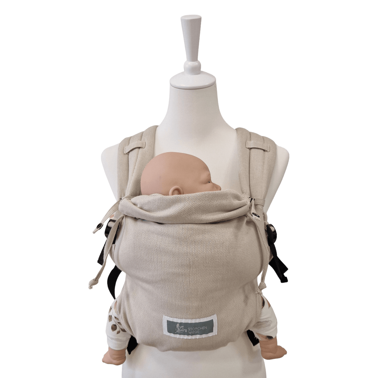 Stochenwiege Valeno Baby Carrier - Moonstone shown on mannequin with doll, ergonomic full-buckle design, soft woven fabric | Babymaxi