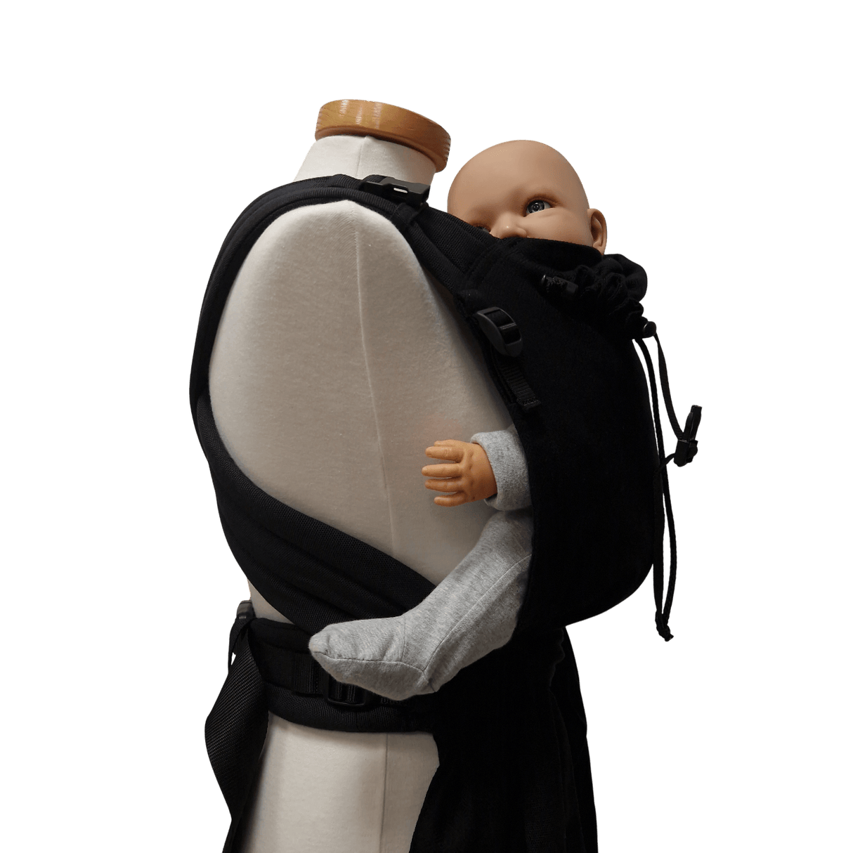 Storchenwiege Talemo Half-Buckle Baby Carrier - Black with baby, adjustable, woven sling fabric | Babymaxi