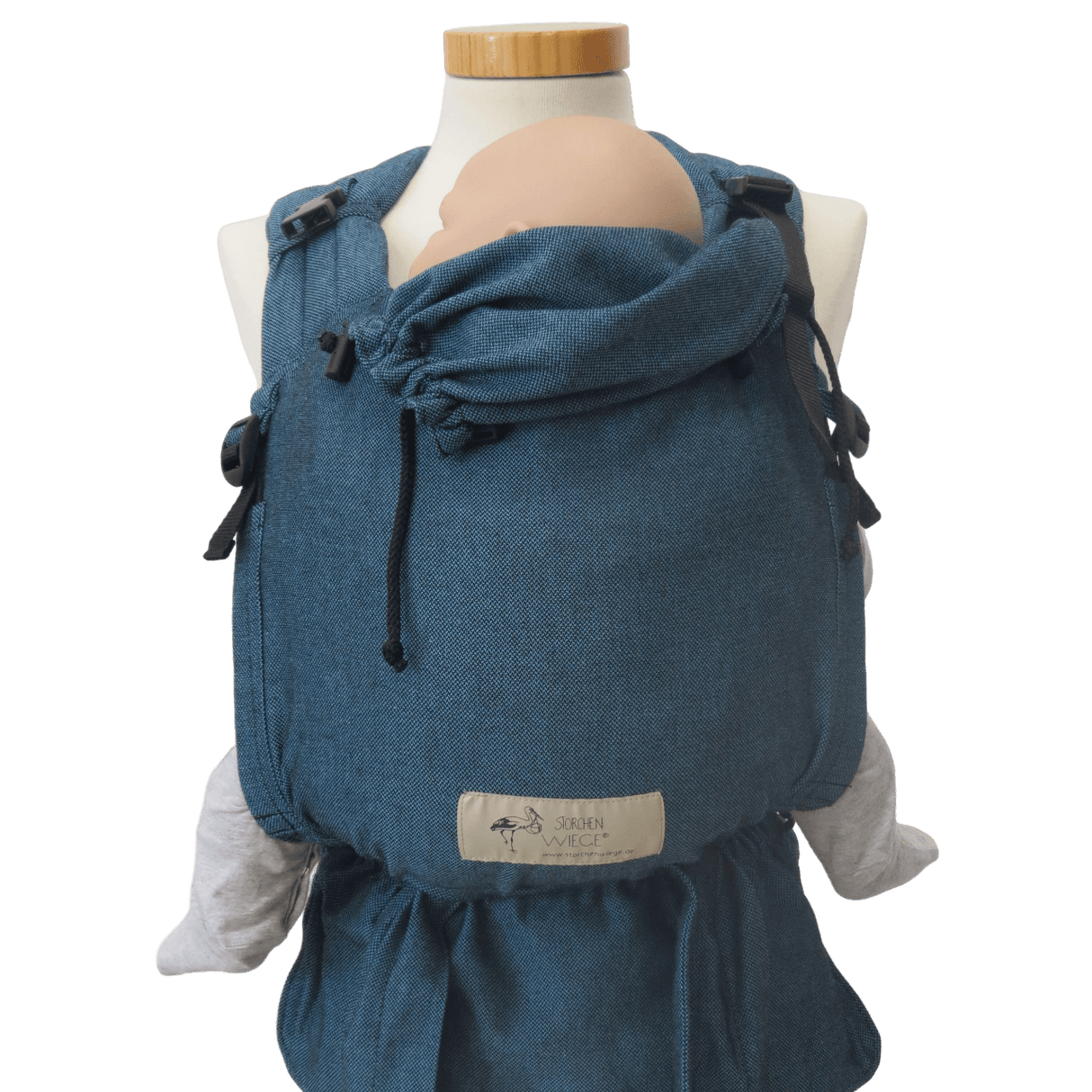 Storchenwiege Talemo Half-Buckle Baby Carrier - Turquoise with baby doll in ergonomic design | Babymaxi