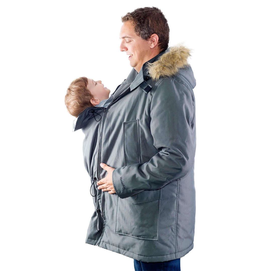 Wombat & Co. London - Bandicoot Baby Carrier Coat for Men - Grey with child illustration | Babymaxi