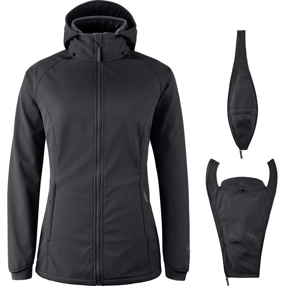 Mamalila Softshell Babywearing Jacket Allrounder Fit Black, front view with pregnancy insert and baby insert