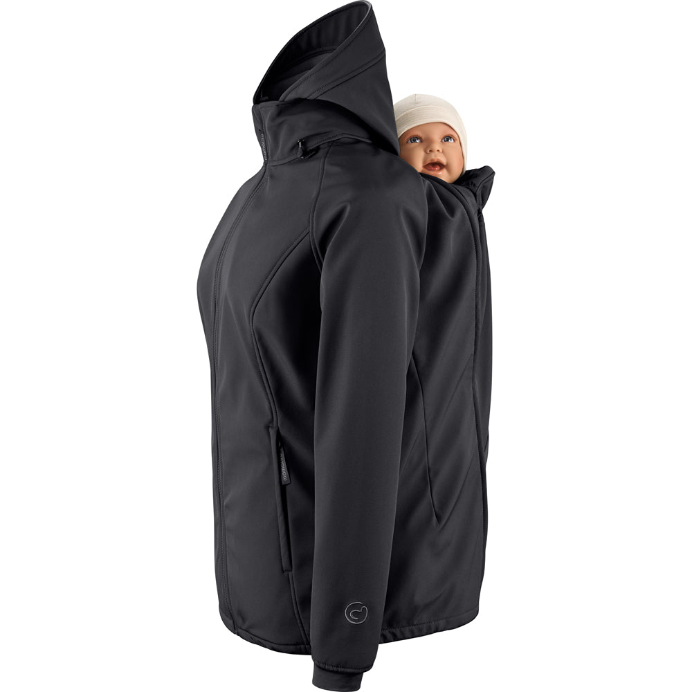 Mamalila Softshell Babywearing Jacket Allrounder Fit Black, back carry with baby insert, side view