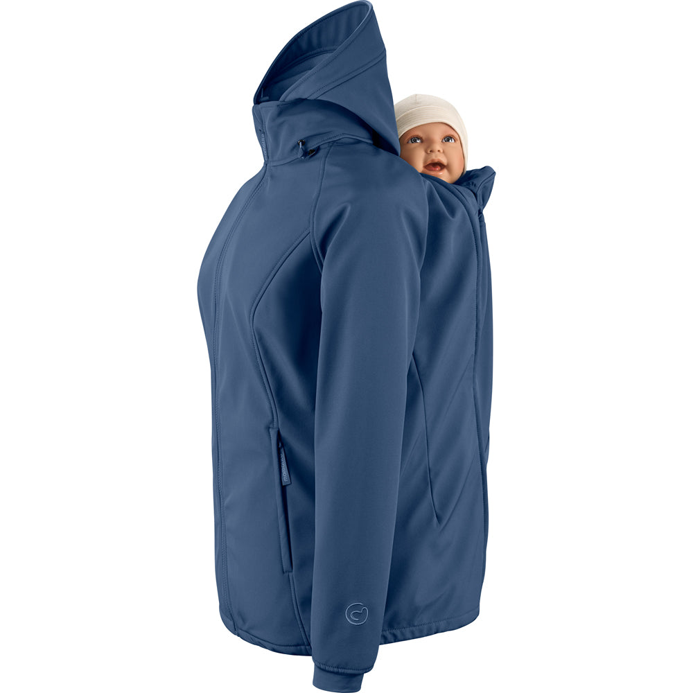 Mamalila Softshell Babywearing Jacket Allrounder Fit Navy, back carry with baby insert, side view