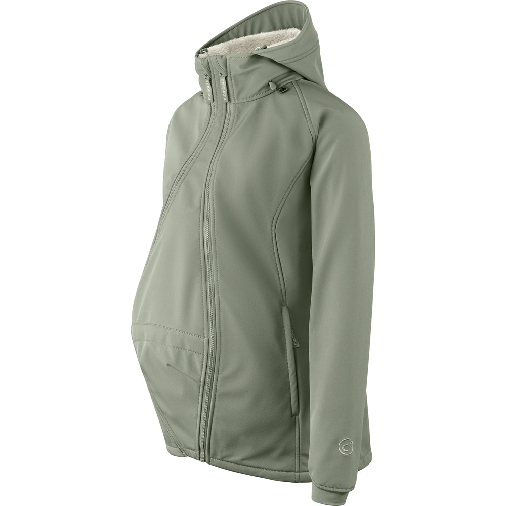 Mamalila Allrounder Winter maternity jacket in agave green, side view with the pregnancy insert zipped in