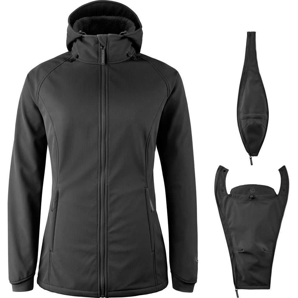 Mamalila Allrounder Winter softshell babywearing jacket in black, shown with its pregnancy insert and baby insert