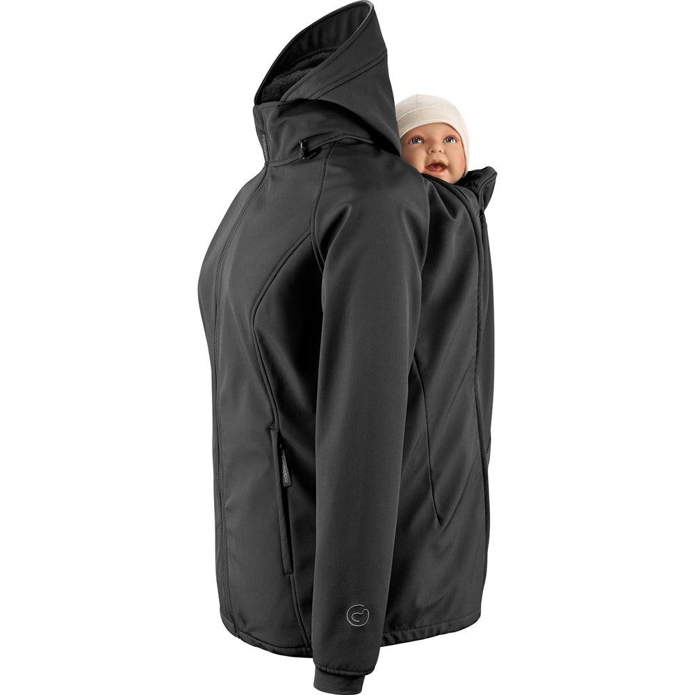 Mamalila Allrounder Winter softshell babywearing jacket in black, baby insert zipped into the back for back carrying