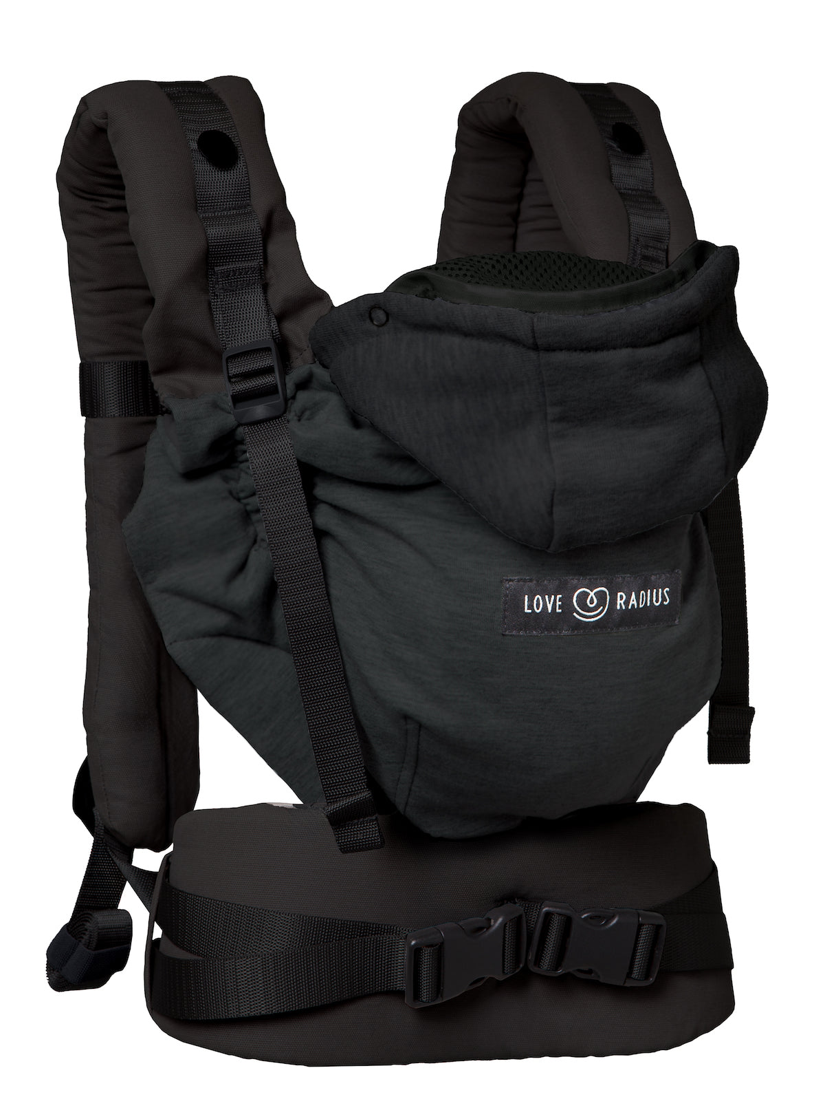 Love Radius HoodieCarrier 2 in Black Forest, a full buckle baby carrier designed for newborns to toddlers.