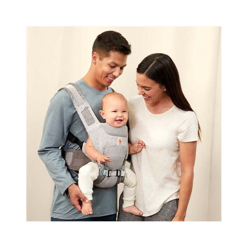 Parents using Ergobaby Aerloom, Lightweight & Breathable - Slate Grey baby carrier with happy baby | Babymaxi