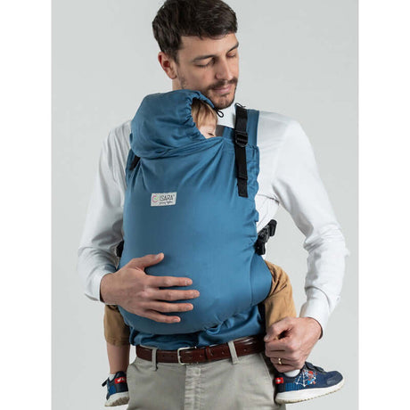 Father wearing Isara Preschooler (up to 30kg) - Bluestone baby carrier with toddler, showcasing comfort and style | Babymaxi