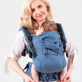 Isara The One - Bluestone ergonomic baby carrier on mother with baby, adjustable for all bodies | Babymaxi