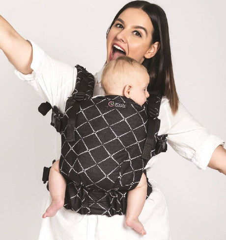 Isara The One - Diamonda Black baby carrier in use, supporting an infant comfortably while providing a stylish design | Babymaxi