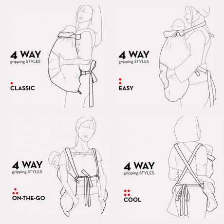 4 way gripping styles for baby carriers: Classic, Easy, On-the-Go, and Cool | Babymaxi