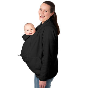 Mamalila Basel Baby Carrier Fleece Jacket – Black with a mother carrying a baby comfortably | Babymaxi