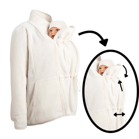 Mamalila Basel Baby Carrier Fleece Jacket – Off White with baby in sling, showcasing warm and cosy design | Babymaxi