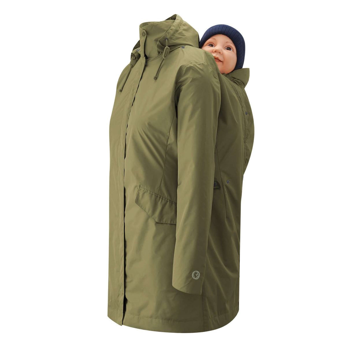 Mamalila Dublin Babywearing Coat – Khaki with baby securely worn on back, versatile for all seasons | Babymaxi