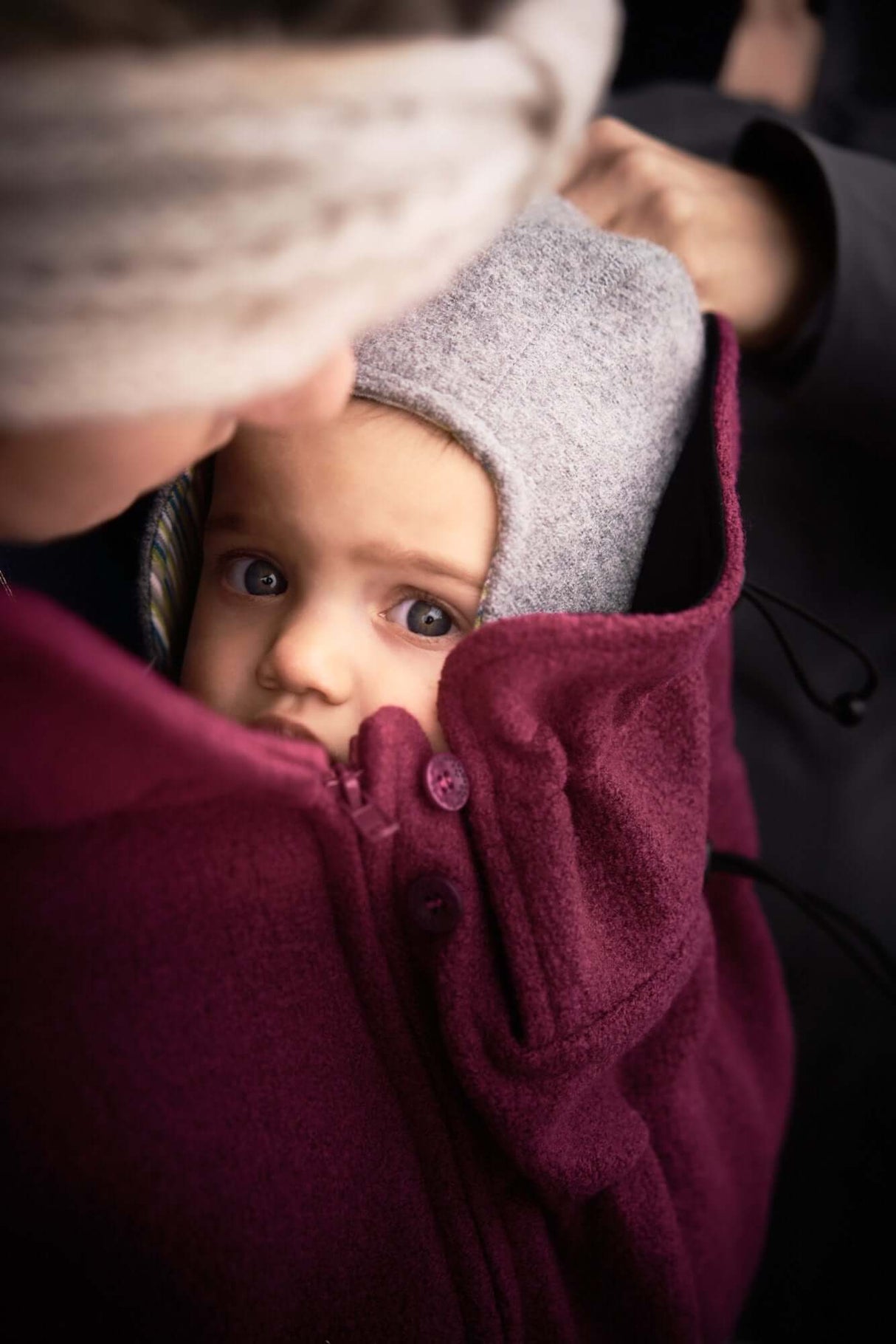 Mamalila Hooded Babywearing Coat Vienna - Berry on a child, showcasing comfort and warmth for outdoor adventures | Babymaxi