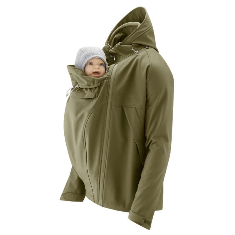 Mamalila Softshell Allrounder Babywearing Jacket for men - Khaki with baby insert keeping child warm and dry | Babymaxi
