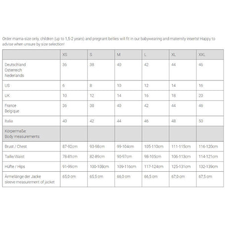 Size chart for Mamalila Softshell Babywearing Jacket Allrounder - Mint, including body measurements and international sizes | Babymaxi