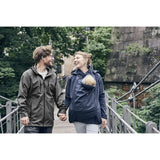 Mamalila Softshell Babywearing Jacket Allrounder - Navy being worn by a couple walking on a bridge | Babymaxi