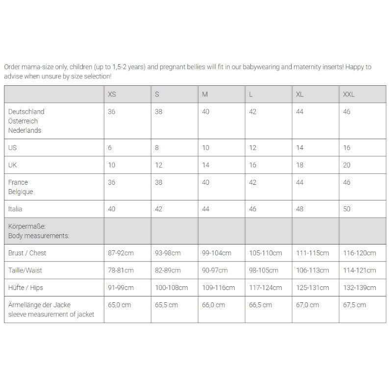 Size chart for Mamalila Winter Softshell Baby Carrier Jacket - Agave, detailing sizing in various countries | Babymaxi