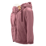 Mamalila Boston Babywearing Jacket Dark Rose, front carry with baby in ergonomic insert, side view