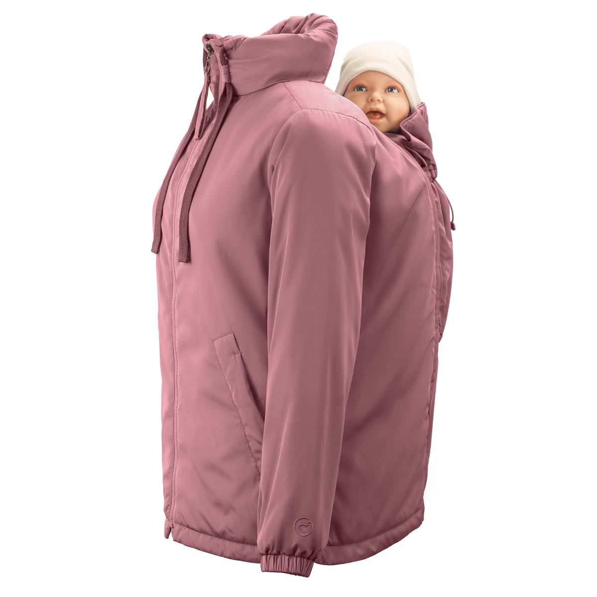 Mamalila Boston Babywearing Jacket Dark Rose, back carry with baby in insert, side view