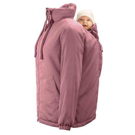 Mamalila Boston Babywearing Jacket Dark Rose, back carry with baby in insert, side view