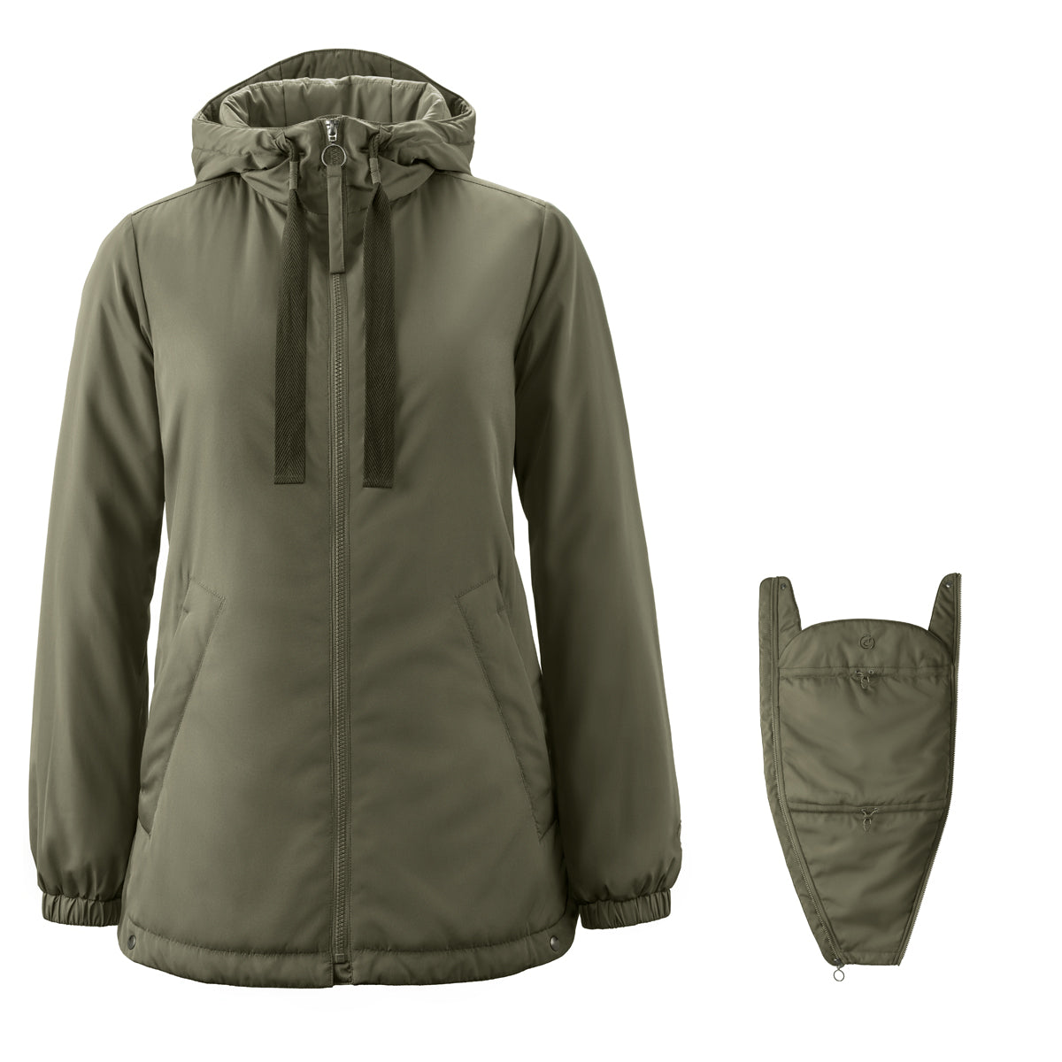 Mamalila Boston Babywearing Jacket Olive, front view with detachable baby insert