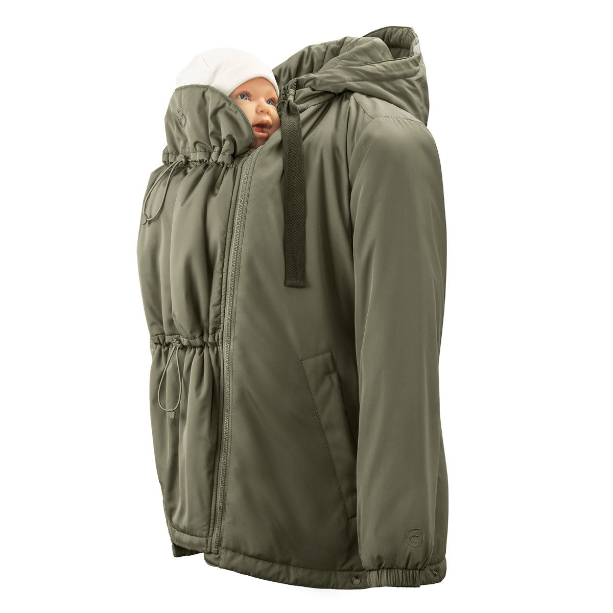 Mamalila Boston Babywearing Jacket Olive, baby carried on front in ergonomic insert