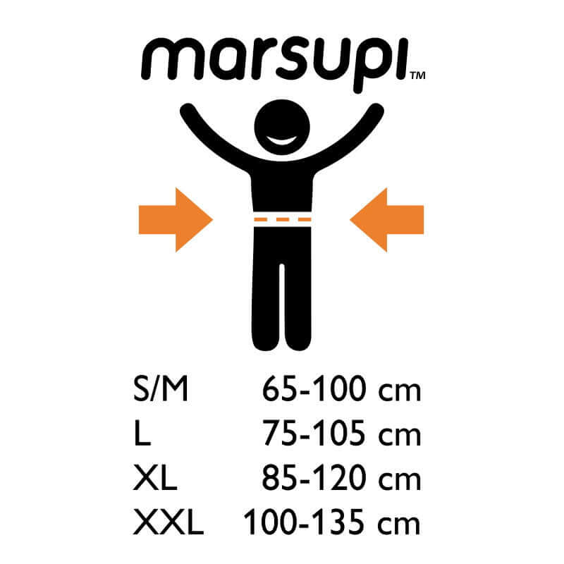 Marsupi Classic - Berry size chart showing waistband measurements for S/M, L, XL, XXL | Babymaxi