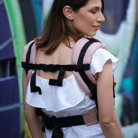Neko Switch Baby Carrier - Sephia ergonomic carrier on woman, adjustable for growing babies | Babymaxi