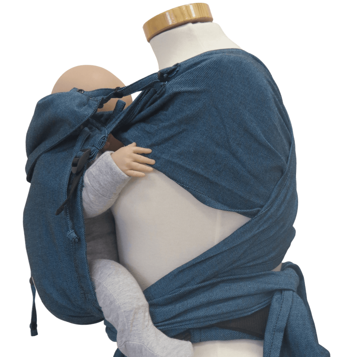 Storchenwiege Bondima Wrap Baby Carrier - Turquoise in use, showing ergonomic design for carrying babies comfortably | Babymaxi