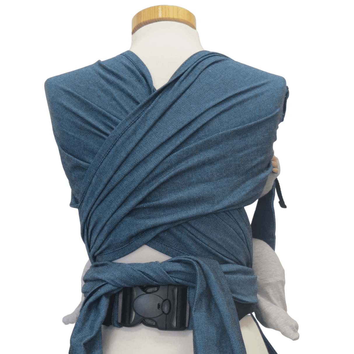 Storchenwiege Bondima Wrap Baby Carrier - Turquoise on mannequin, showcasing ergonomic design and wide straps for comfort | Babymaxi