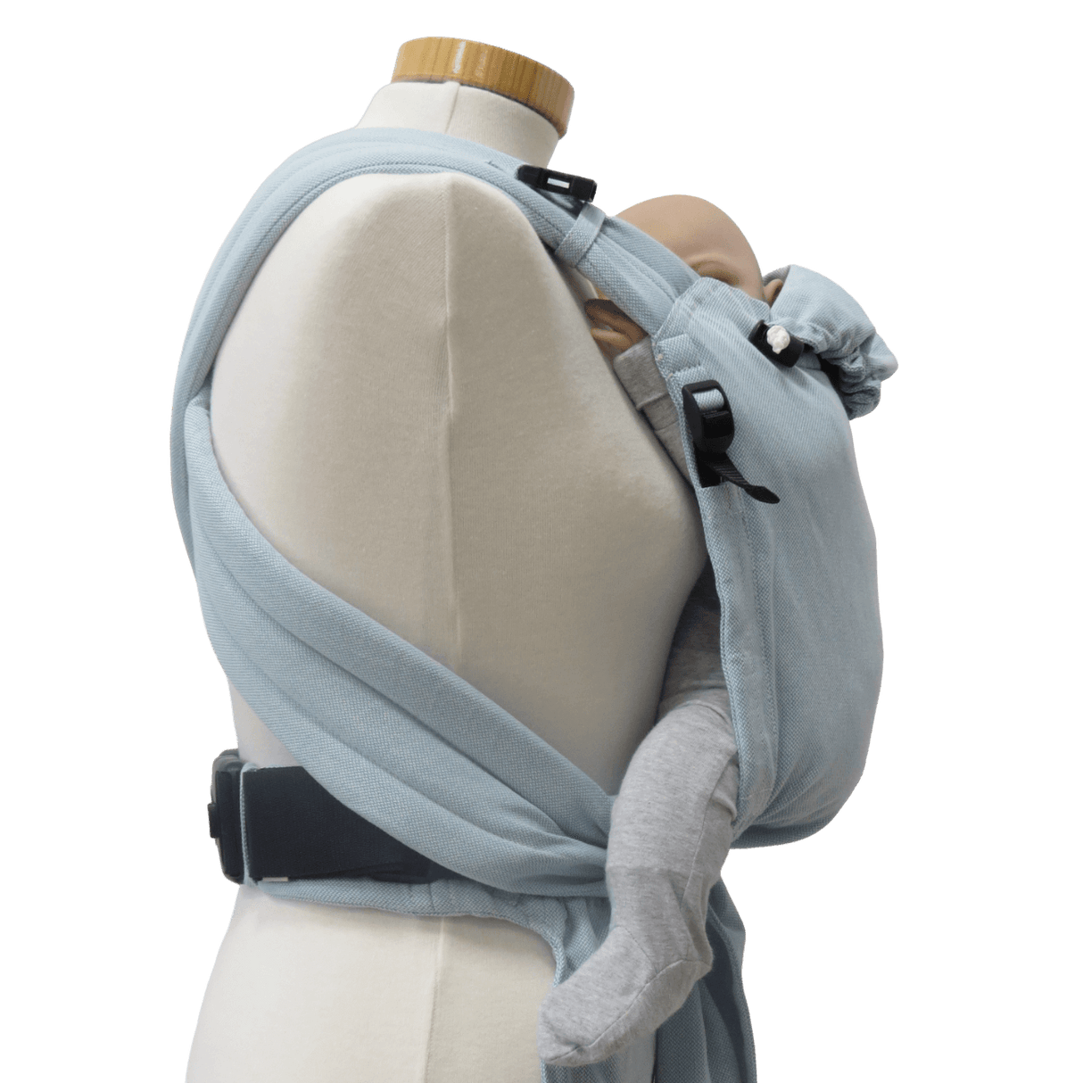 Storchenwiege Talemo BabyCarrier - Aqua showcasing adjustable design on a mannequin for effortless babywearing | Babymaxi