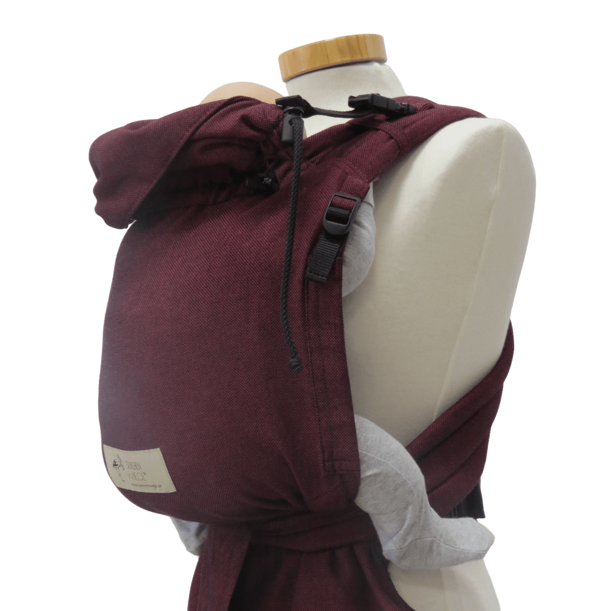Storchenwiege Talemo Half-Buckle Baby Carrier - Bordeaux showcased on mannequin | Babymaxi