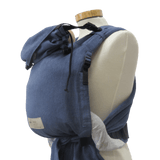 Storchenwiege Talemo Half-Buckle Baby Carrier - Denim displayed on a mannequin showing adjustable features | Babymaxi