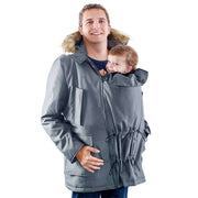 Wombat & Co. London - Bandicoot Baby Carrier Coat for Men - Grey, featuring a dad and baby for winter babywearing | Babymaxi
