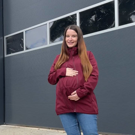 Mamalila Softshell Babywearing Jacket Allrounder Fit Burgundy, pregnant woman wearing maternity jacket, front view