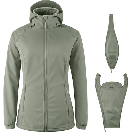 Mamalila Softshell Babywearing Jacket Allrounder Fit Agave, front view with pregnancy insert and baby insert