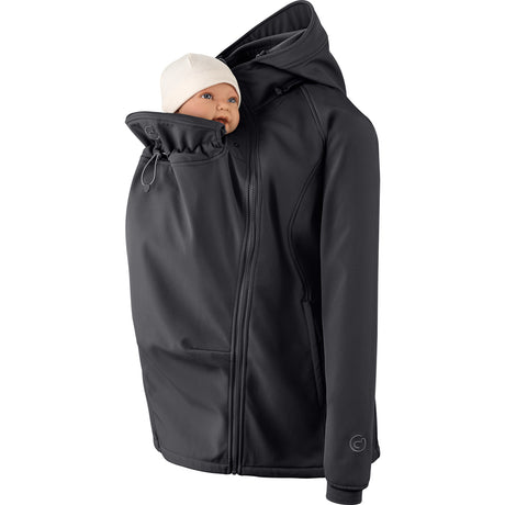 Mamalila Softshell Babywearing Jacket Allrounder Fit Black, front carry with baby in insert, side view