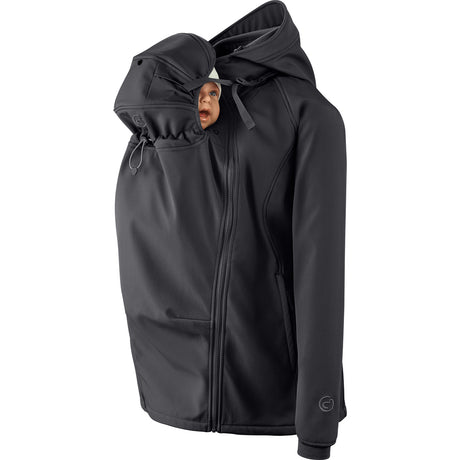 Mamalila Softshell Babywearing Jacket Allrounder Fit Black, front carry with baby insert and hood